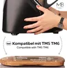 A person's hands are shown holding a black appliance, with text and graphics indicating compatibility and features of a wooden board placed below it. Produktbild-Vorschau