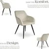 A collage of images showcasing a beige upholstered chair with black legs, accompanied by descriptive text in German. Produktbild-Vorschau