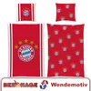 A collage of FC Bayern München bedding items, including pillowcases and a duvet cover, displayed against a white background. Produktbild-Vorschau