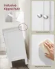 A collage of images showing a white bathroom cabinet, its features, and a hand cleaning its surface. Produktbild-Vorschau