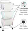 A three-tiered laundry basket on wheels, with descriptive text and icons highlighting its features. Produktbild-Vorschau