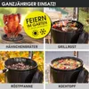 A collage of four images showcasing different uses of a barbecue grill/smoker, including roasting a chicken, grilling skewers, roasting nuts, and cooking a stew. Produktbild-Vorschau