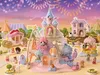A whimsical Sylvanian Families baby amusement park playset with a castle, carousel, and various rides, set against a backdrop of fireworks and a pastel sky. Podgląd zdjęcia produktu