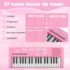 A pink 37-key children's keyboard with various features listed in text boxes and icons. Produktbild-Vorschau