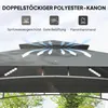 Close-up view of a gazebo roof with ventilation arrows and feature icons, and LED lights on the underside. Produktbild-Vorschau