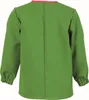 Back view of a child's green long-sleeved smock with red trim around the neckline. Produktbild-Vorschau