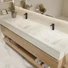A modern bathroom vanity with a double sink and wooden cabinet. Produktbild-Vorschau
