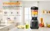 A kitchen counter with a blender filled with fruit, and various drinks and fruits around it. Produktbild-Vorschau