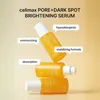 Three bottles of Celimax Pore+ Dark Spot Brightening Serum are stacked diagonally against a light yellow and white gradient background. Text bubbles highlight product features. Náhľad obrázku produktu