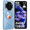 A light blue smartphone is shown from the back and front, with marketing text and graphics overlaid on the screen. Produktbild-Vorschau