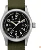 A close-up studio shot of a Hamilton Khaki Field Mechanical watch with a black dial and green fabric strap. Podgląd zdjęcia produktu