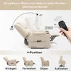 A beige recliner chair is shown in various positions, with a remote control and diagrams illustrating its functions. Produktbild-Vorschau