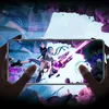 A person is holding a smartphone displaying a video game. The background is a blurred, abstract scene with purple and blue tones. Produktbild-Vorschau