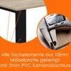 Close-up of a table edge and a caliper measuring the thickness of the material, with text overlay. Náhled obrázku produktu