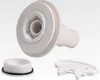 A white plastic pool skimmer return nozzle and two accessories are shown against a plain white background. Produktbild-Vorschau