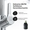 Close-up of a kitchen faucet handle with text and icons highlighting features. Produktbild-Vorschau