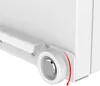 A close-up view of the bottom corner of a white piece of furniture, showing a wheel and a red arrow indicating rotation. Produktbild-Vorschau