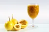 A glass of passion fruit puree and whole and halved passion fruits are arranged on a white surface against a white background. Podgląd zdjęcia produktu