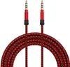 A red and black braided AUX cable with gold connectors on a white background. Produktbild-Vorschau