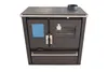 A black wood-burning stove with silver accents, shown from the front against a white background. Produktbild-Vorschau