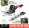 A close-up view of a cordless hedge trimmer with two different blade attachments, along with descriptive text and measurements. Produktbild-Vorschau