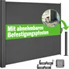 A dark gray retractable side awning with a green banner featuring white text and an inset image showing a mounting detail. Anteprima dell’immagine prodotto
