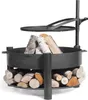 A black metal fire pit with firewood stacked inside and below, with a grill grate suspended above. Náhled obrázku produktu