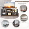 A TV stand with a TV on it, surrounded by lifestyle images of rooms and text describing its features. Podgląd zdjęcia produktu