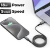 A USB-C cable is shown connecting a smartphone to a laptop, with text overlays highlighting power and speed. Produktbild-Vorschau