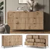 A collage of a wooden sideboard with a fluted front and different views of a wooden dresser with drawers. Voir les images du produit