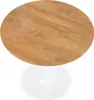 A round wooden table with a white pedestal base, shown from a top-down perspective. Produktbild-Vorschau