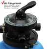 Close-up of a black sand filter valve with a blue base, set against a white background. Text overlays describe the valve's functions. Produktbild-Vorschau