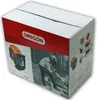 A cardboard box for a chainsaw safety helmet, showing images of the product and a person using a chainsaw. Produktbild-Vorschau
