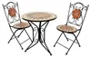 A black metal bistro set with mosaic tile accents, consisting of a round table and two folding chairs, is displayed against a white background. Podgląd zdjęcia produktu