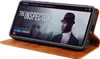 A smartphone in a brown leather flip case is displayed on a surface, showing a movie poster on its screen. Produktbild-Vorschau