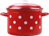A red and white polka dot enamel pot with a lid, isolated on a white background. Anteprima dell’immagine prodotto