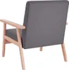 A rear view of a dark gray fabric armchair with light wood legs and armrests. Voir les images du produit