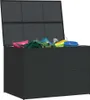 A black rattan garden storage box with its lid open, filled with various garden items. Produktbild-Vorschau