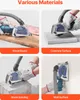 A collage of four images showing a dust shroud attachment for an angle grinder being used on different materials: wood board, concrete surface, stone, and a wall. Podgląd zdjęcia produktu