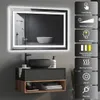 A modern bathroom vanity with a lighted mirror above it, showcasing product features on the side. Produktbild-Vorschau
