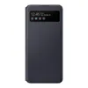 A dark gray flip case for a smartphone, shown closed and upright against a white background. The case has a transparent window on the front cover displaying the phone's screen with the time, date, and app icons. Podgląd zdjęcia produktu