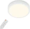 A white LED ceiling light with a remote control on a white background. Produktbild-Vorschau