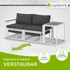 A modern outdoor sofa set with a side table, presented on a light gray and white background with marketing overlays. Produktbild-Vorschau