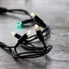 A close-up shot of a string of LED lights with black wires and white and green bulbs, resting on a textured gray surface. Produktbild-Vorschau