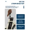 Close-up of an electric bicycle battery and seat, with marketing text and feature callouts. Produktbild-Vorschau