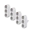 Four white 3-way EU socket adapters are arranged diagonally on a white background. Produktbild-Vorschau