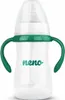 A baby bottle with green handles and a green ring around the neck. The bottle has the brand name 'neno' printed on it in teal. Podgląd zdjęcia produktu