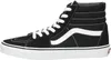 A side view of a black Vans SK8-Hi sneaker with white laces and a white stripe. Voir les images du produit