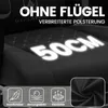 Close-up of a black gaming chair seat with text overlays and feature icons. Produktbild-Vorschau
