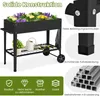 A raised garden bed with flowers and gardening tools, shown with close-ups of its construction features. Voir les images du produit